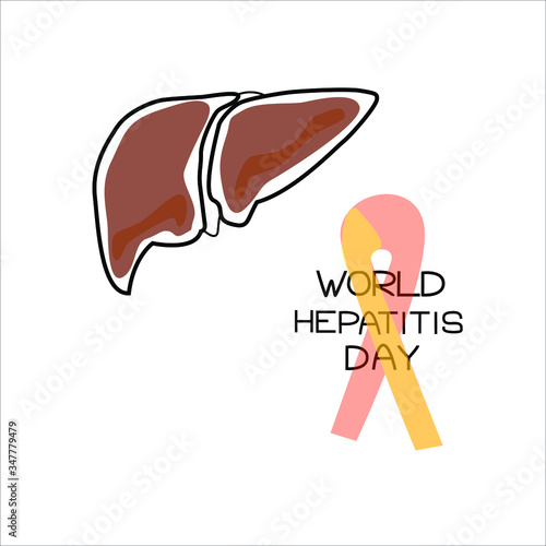 World Hepatitis Day, vector outline themed illustration contains the image of a human liver, a ribbon and an inscription