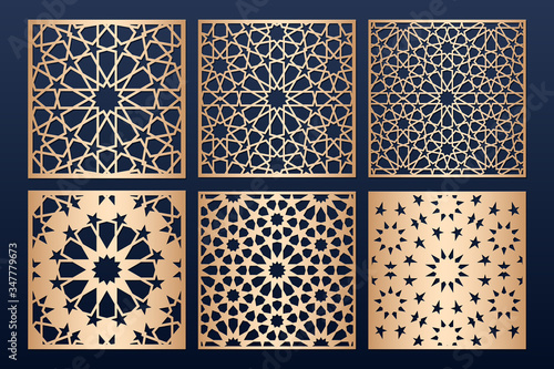 Laser cut panel template set with islamic alhambra pattern. May be used for paper, metal, wood cutting. Arabic stencil pattern. Traditional islamic ornament.
