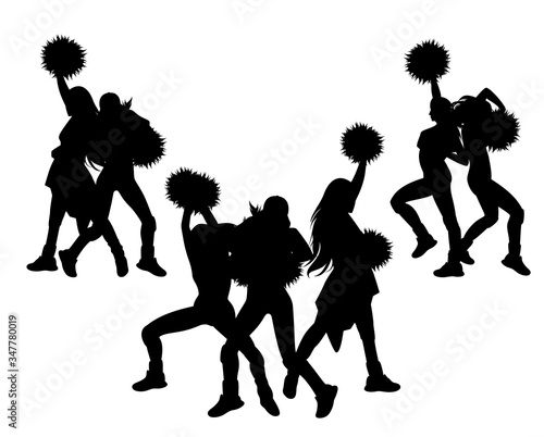 cheerleader girls performing with pom-poms - black and white vector silhouette set of fan groups