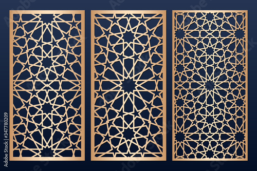 Laser cut panel template with islamic alhambra pattern. May be used for paper, metal, wood cutting. Arabic stencil pattern. Traditional islamic ornament.