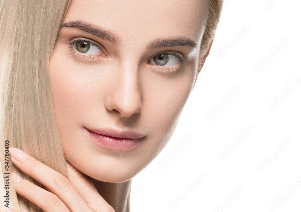 Naklejka premium Beautiful blonde hair clean skin beauty female cosmetic model portrait 