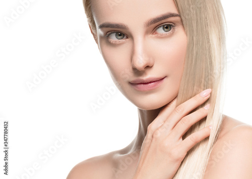 Beautiful blonde hair clean skin beauty female cosmetic model portrait 