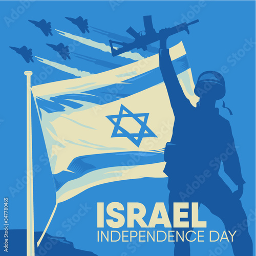 Independence Day of Israel. Freedom Greeting card with a state flag and a soldier.
