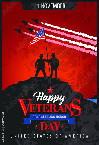 Soldiers holding an American flag. Poster patriotic Veterans Day