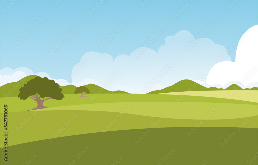 Summer green fields with grass,trees,white cloud and blue sky . background landscape.