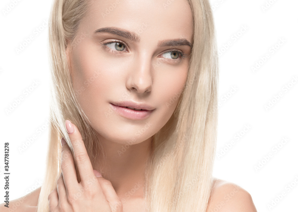 Beautiful blonde hair clean skin beauty female cosmetic model portrait
Beautiful blonde hair clean skin beauty female cosmetic model portrait
