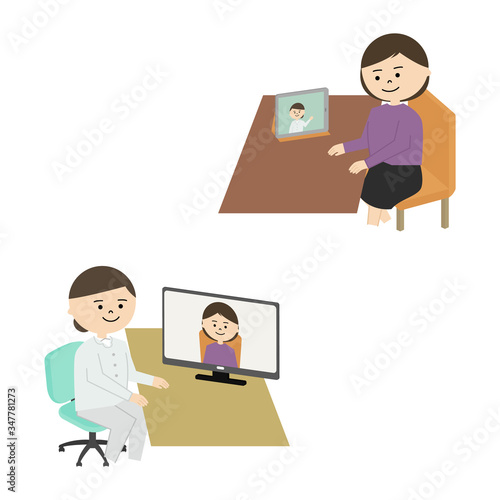 オンライン診療　女性医師　女性　イラスト