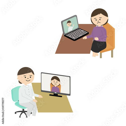 オンライン診療　女性医師　腹痛の女性　イラスト