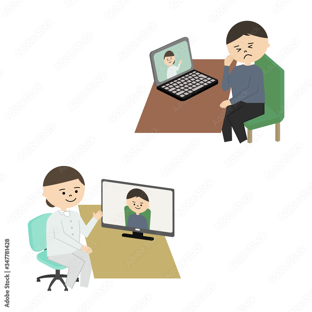 オンライン診療 女性医師 男性 イラスト オンライン診療 女性医師 男性 イラスト