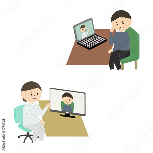 オンライン診療　女性医師　男性　イラスト