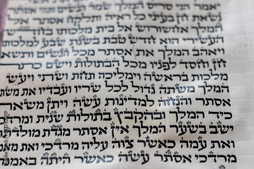 Excerpt from the Book of Esther from the Bible, written on a handwritten cowhide sheet in Hebrew. (To the editor: in Hebrew, write the first chapter of the Book of Esther)
