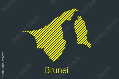 Map of Brunei, striped map in a black strip on a yellow background for coronavirus infographics and quarantine area markers and restrictions. vector