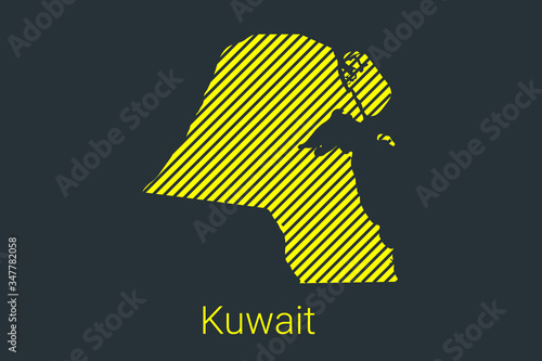 Map of Kuwait, striped map in a black strip on a yellow background for coronavirus infographics and quarantine area markers and restrictions. vector