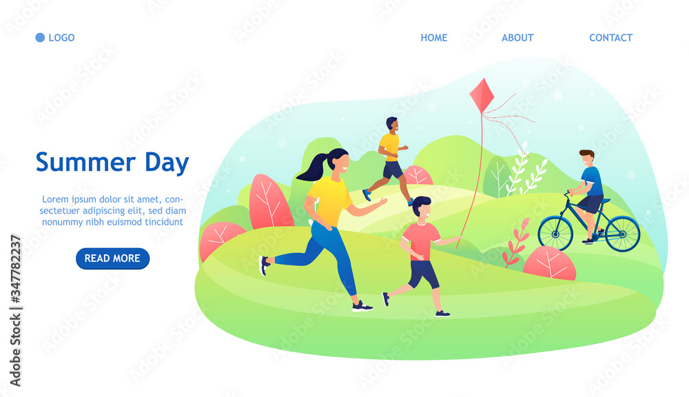 A happy family spends time outdoor. Young family is happy to spend time together. Children play, adults have fun with them. Suitable for landing, banner, web page, or mobile version. Flat Illustration