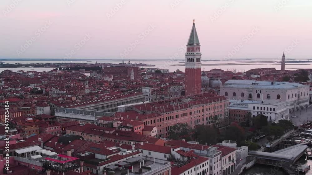 Aerial view of the Venice´s canals and St. Mark’s Bell Tower, at sunrise with empty city, Italy Aerial view of the Venice´s canals and St. Mark’s Bell Tower, at sunrise with empty city, Italy