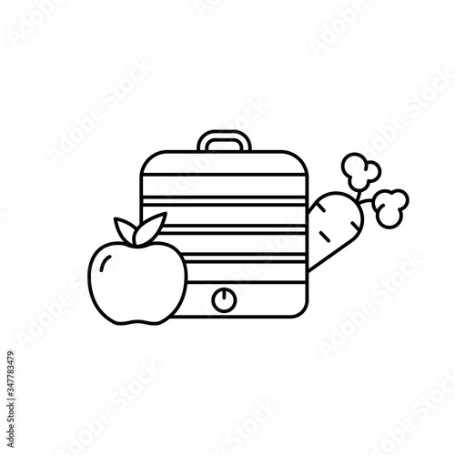 Food electric dryer with cover. Stationary kitchen equipment. Linear illustration of homemade drying of fruits, vegetables, mushrooms, herbs. Contour isolated vector on white background