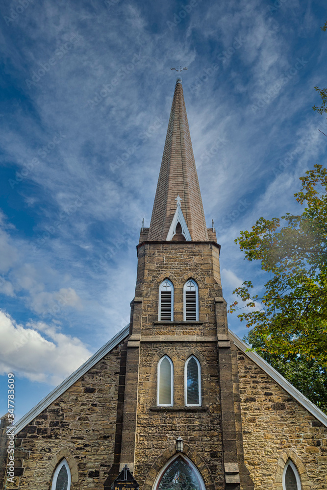 An old brown stone church in Sydney, Nova Scotia