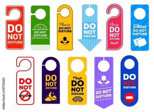 Do not disturb vector signs of hotel room door hanger tags, handle labels or knob cards with warning messages and prohibition symbols. Door hanger signs for motel, spa resort, office and clinic