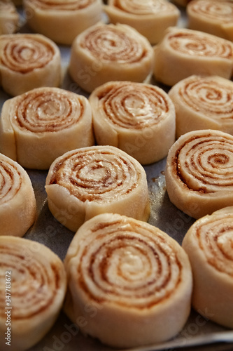 raw cinnabon buns with brown sugar and cinnamon from the dough lie on baking sheet