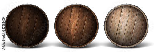 Three wooden covers for barrels of different wood. Highly realistic illustration.