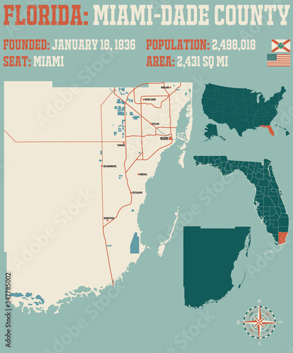Large and detailed map of Miami-Dade county in Florida, USA.
