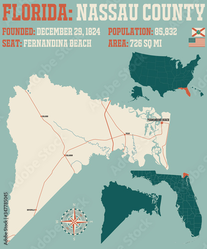 Large and detailed map of Nassau county in Florida, USA.
