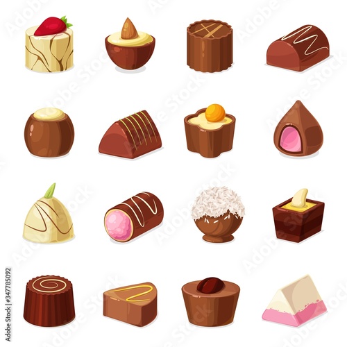 Chocolate candies and truffle desserts, vector sweet food. Chocolate candies with nut praline, caramel and coffee cream, cocoa powder and coconut shavings, almond, peanut and custard fillings