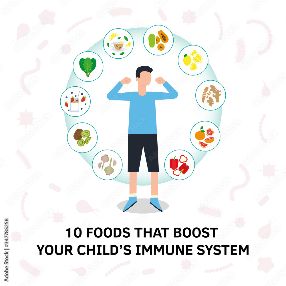 Obraz premium Immune system vector protection. Health bacteria virus protection. Medical prevention human boosters. Healthy child kid boy reflect bacteria attack. Boost Immunity with medicine concept illustration.