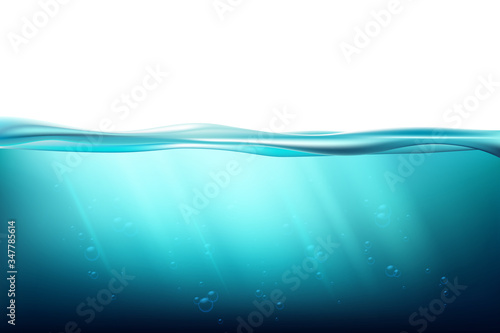 Underwater background. Relax blue horizon background under surface sea, clean natural view bottom pool with sun rays.