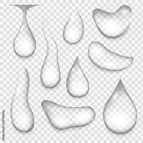 Water drops or liquid rain droplet design elements. Set of condensation bubbles or realistic drip, H2O. Realistic water drops, drops after the rain.