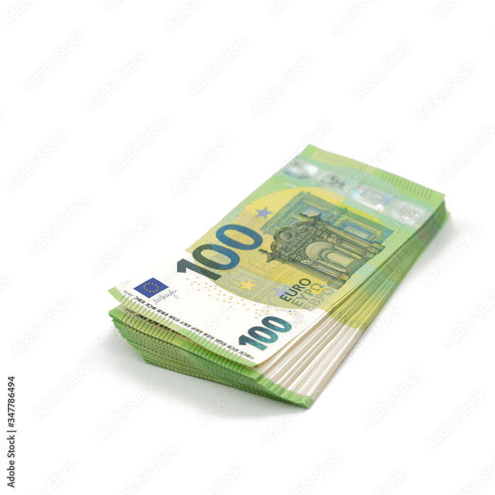 A pack of notes 100 hundred euros. European currency. Square isolated on a white background. A pack of notes 100 hundred euros. European currency. Square isolated on a white background.