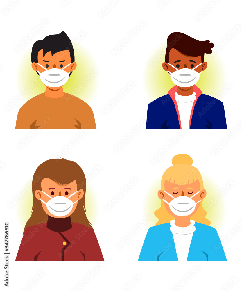 People wear medical mask cartoon vector illustration. Epidemic, flu protection, avoiding virus. Boy and girl wearing face mask. People wear medical mask cartoon vector illustration. Epidemic, flu protection, avoiding virus. Boy and girl wearing face mask.
