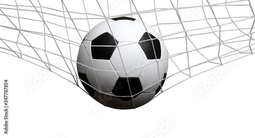 Soccer ball in goal on white