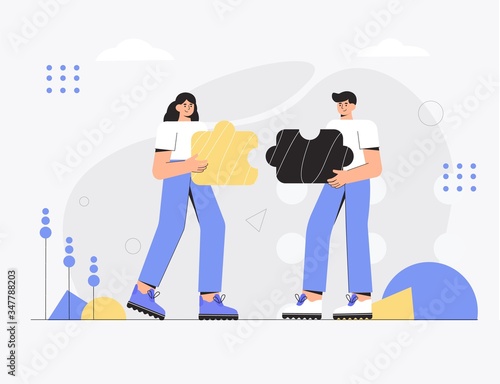 The concept of team work, business, partnership, cooperation. Two young people hold and connect two parts of the puzzle. Vector illustration in a modern flat style, for banners, ads, flyers.
