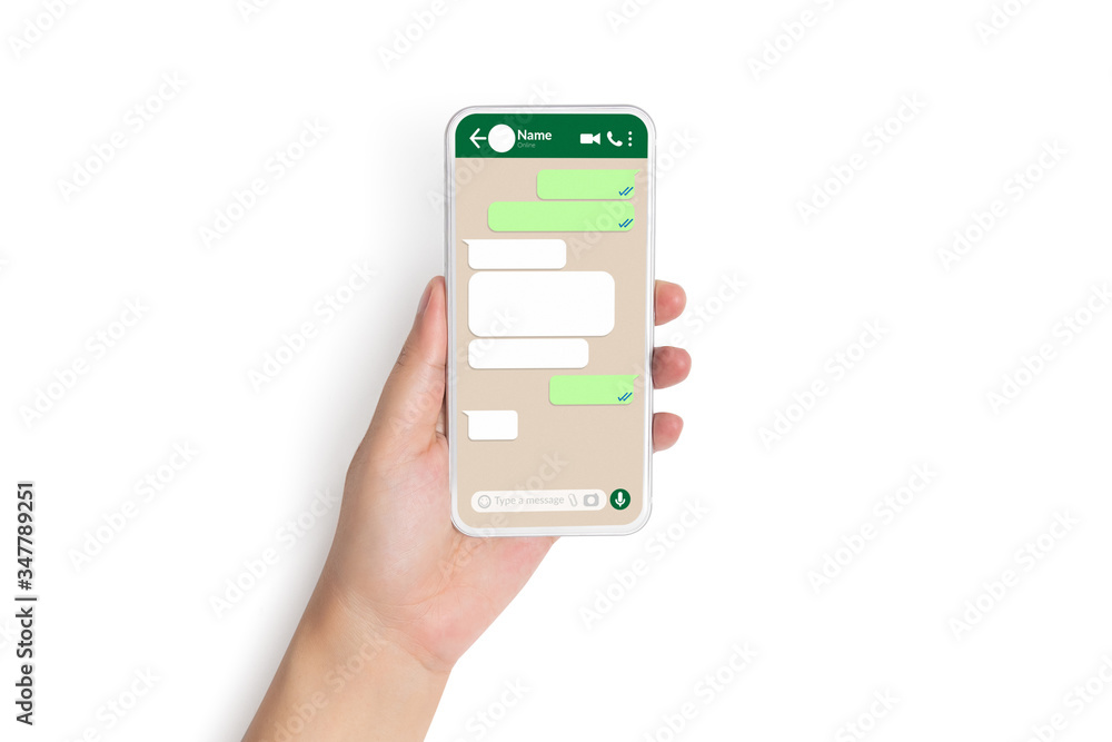 closeup hand holding smart phone with social network mock up blank speech bubbles template chat box dialogue on phone screen for text chatting and online message concept, isolated on white background closeup hand holding smart phone with social network mock up blank speech bubbles template chat box dialogue on phone screen for text chatting and online message concept, isolated on white background