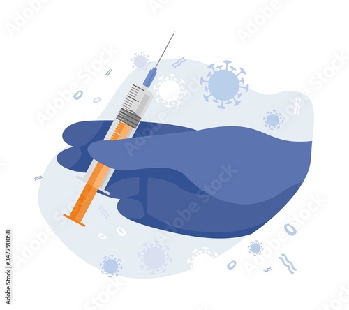 Hand in a medical glove holds a syringe on an abstract background with viruses.  Banner concept of search for a vaccine during outbreaks. Mandatory vaccination of the population. Vector illustration.