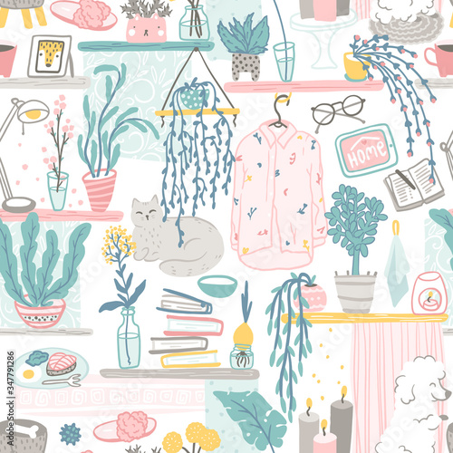 Cozy home pattern. Vector hand drawn illustrations of cute things and pets in a simple cartoon flat scandinavian style in a pastel palette. Stay at home. Isolate on a white background.