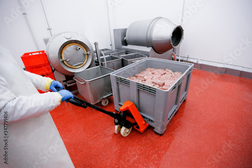 Frame image of a worker at a meat processing factory, pulls a load on which are crates of raw spicy meat. Process for the production of products of animal origin. photo