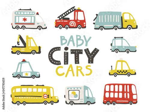 Baby city cars collection. Cute funny transport. Vector cartoon illustrations in simple childish hand-drawn Scandinavian style for children. Fire, ambulance, police, bus, etc