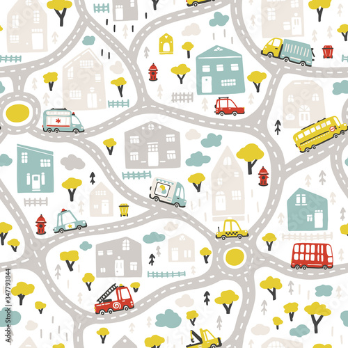 Baby City map with roads and transport. Vector seamless pattern. Cartoon illustration in childish hand-drawn scandinavian style. For nursery room, textile, wallpaper, packaging, clothing, etc