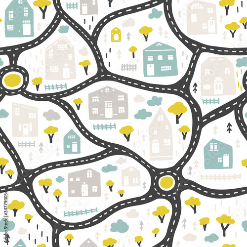 Baby City map with roads and buildings. Vector seamless pattern. Cartoon illustration in childish hand-drawn scandinavian style. For nursery room, textile, wallpaper, packaging, clothing, etc