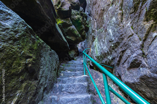Fototapeta Naklejka Na Ścianę i Meble -  Stolowe Mountains National Park. Rock formations in Szczeliniec Wielki hiking trail near Kudowa-Zdroj, Lower Silesia, Poland.