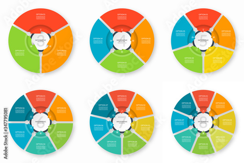 Set of infographic process charts. Circular design templates with 3, 4, 5, 6, 7, 8 arrows pointing to the center. Cycle diagrams that can be used for report, data visualization and presentation.