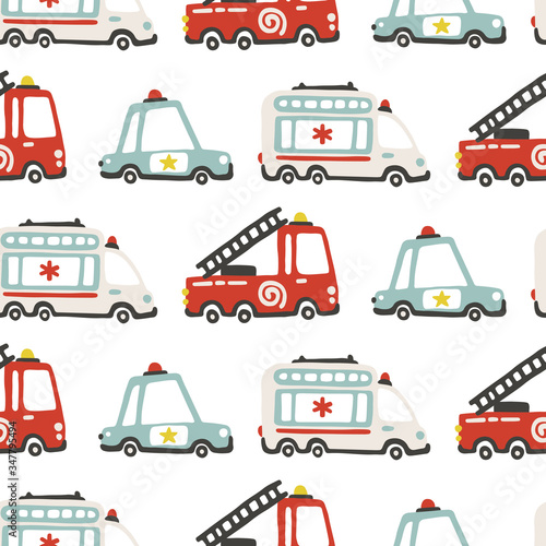 Rescue services cars seamless pattern. Vector childish illustration in scandinavian simple hand-drawn style. The limited palette is ideal for printing on baby clothes, digital paper
