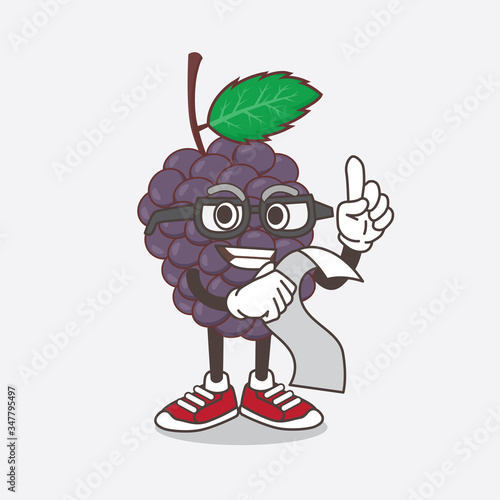 Mulberry Fruit cartoon mascot character using a monocular