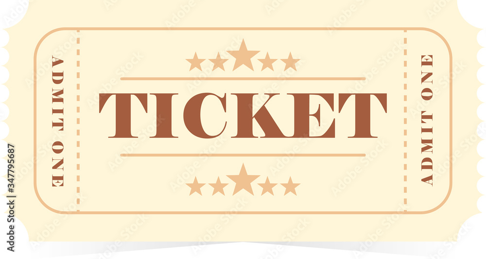 Ticket icon, design, template. Realistic ticket. Admit one. Retro cinema or movie ticket. Vector illustration in the flat style isolated on white background Ticket icon, design, template. Realistic ticket. Admit one. Retro cinema or movie ticket. Vector illustration in the flat style isolated on white background