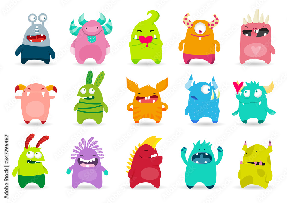 Set of funny cute monsters. Cartoon vector illustration - obrazy, fototapety, plakaty 