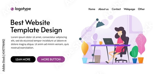 Coworking office working space website template design or co working workplace table desk web site banner idea vector flat illustration, concept of woman distance work place or home office modern