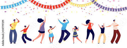 People on party. Fun dance group. Happy parent and kids. Corporate business or family celebrate, woman man child dancing vector illustration. Family happy, man and woman party