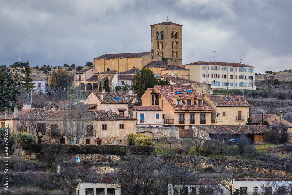 Aerial view in Sepulveda town with tower of Nuestra Senora de la Pena Church, Spain